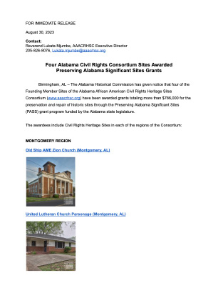 Four Alabama Civil Rights Consortium Sites Awarded Preserving Alabama Significant Sites Grants