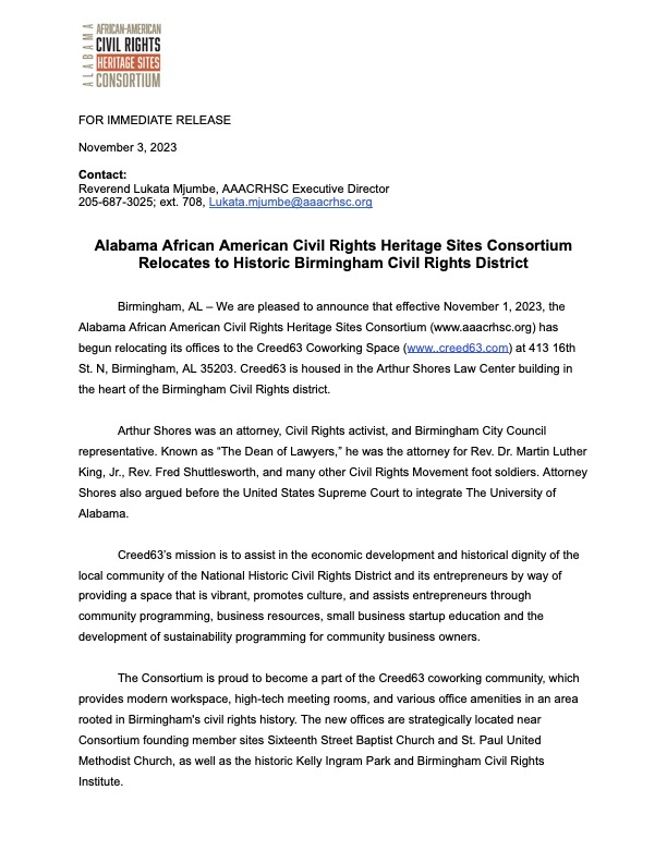 Alabama African American Civil Rights Heritage Sites Consortium Relocates to Historic Birmingham Civil Rights District